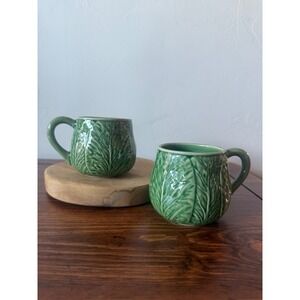 Bordallo Pinheiro Cabbage Leaf Mugs Green Portugal Majolica Ceramic Set of 2